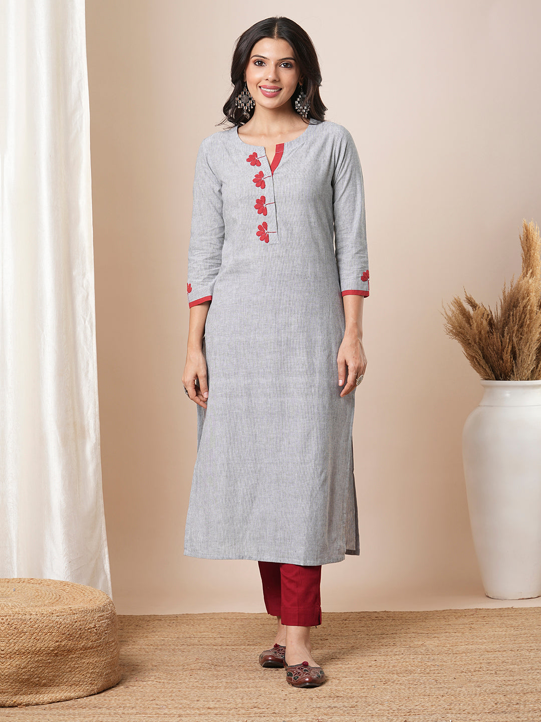 Straight fit pin stripped kurta with applique work and bead works