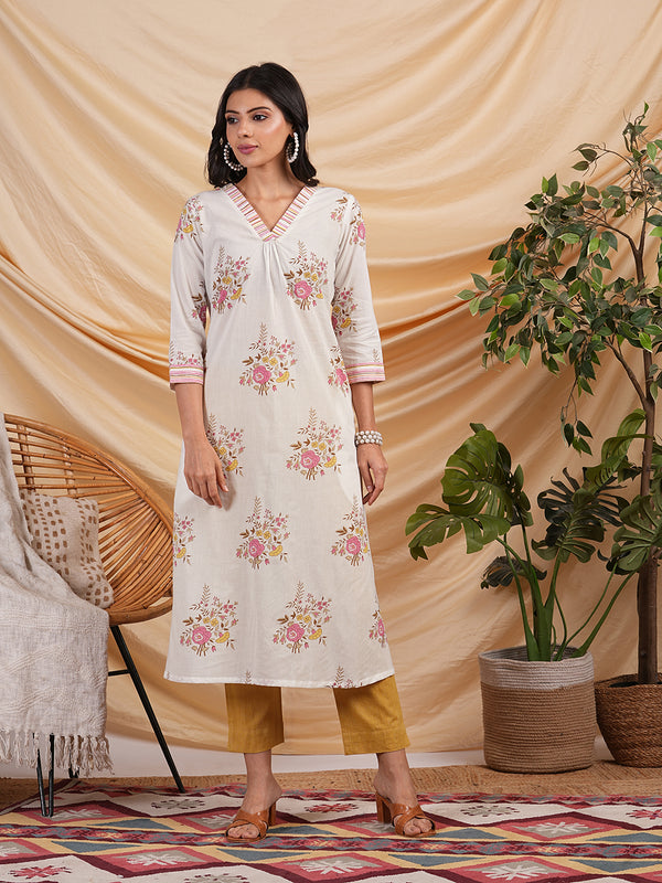 A-line floral printed cotton kurta with v neck and pocket detail.