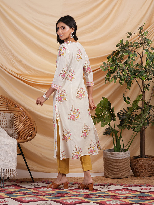 A-line floral printed cotton kurta with v neck and pocket detail.
