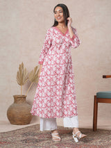 A-line cotton printed kurta with bead detailing around pleated V-neck and sleeve.