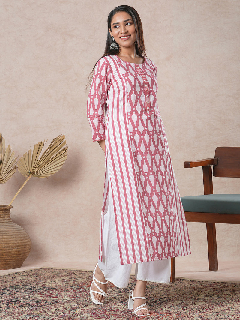 Staright mix-n-match printed cotton kurta with shell button detailing's on placket.