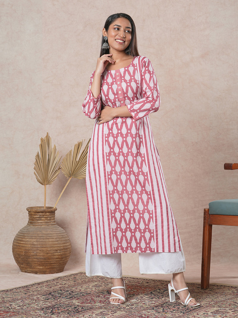 Staright mix-n-match printed cotton kurta with shell button detailing's on placket.