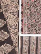 A black classic paisley-printed unstitched suit set with a mix-and-match yoke and contrasting-coloured handwork.