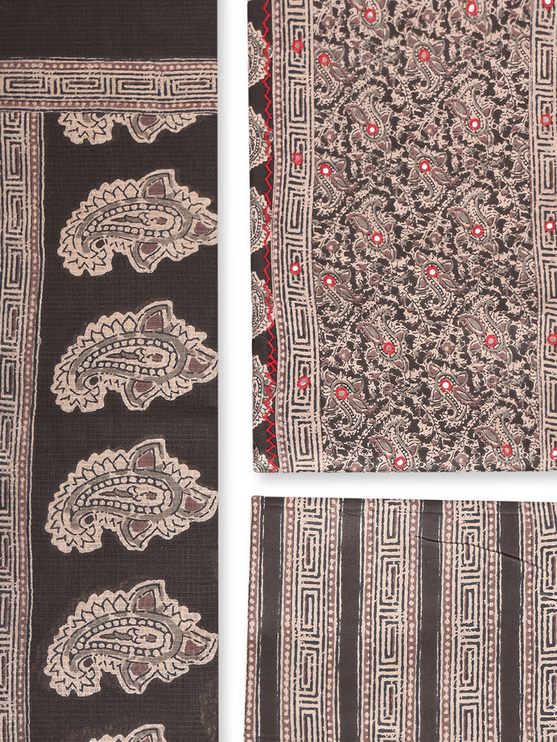 A black classic paisley-printed unstitched suit set with a mix-and-match yoke and contrasting-coloured handwork.