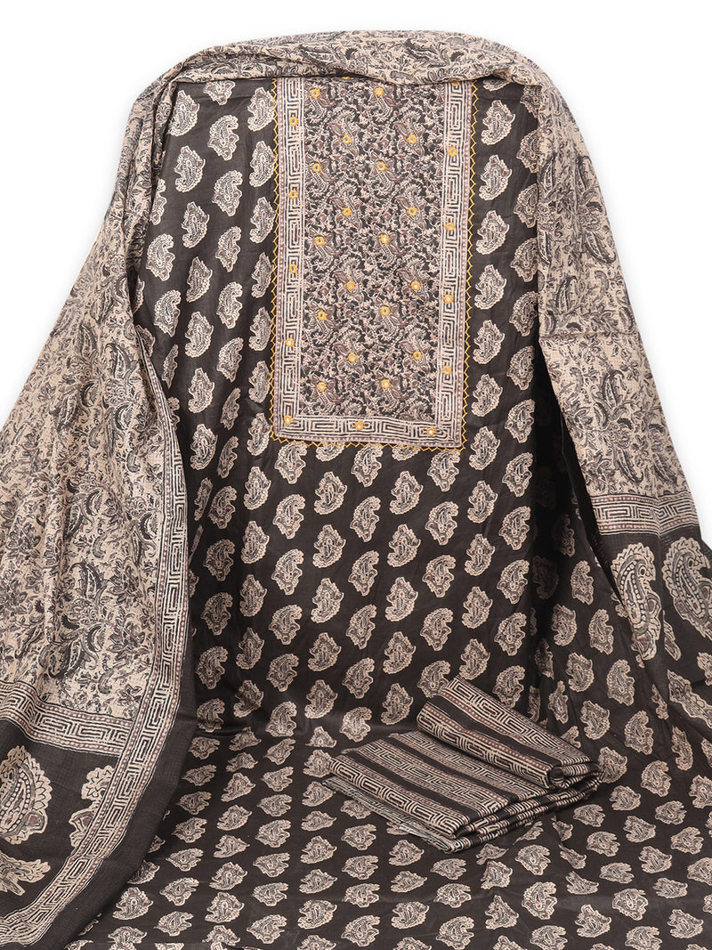 A black classic paisley-printed unstitched suit set with a mix-and-match yoke and contrasting-coloured handwork.