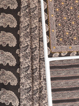 A black classic paisley-printed unstitched suit set with a mix-and-match yoke and contrasting-coloured handwork.