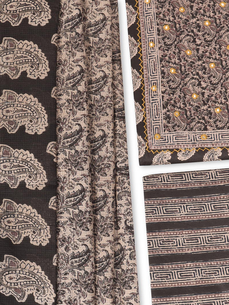 A black classic paisley-printed unstitched suit set with a mix-and-match yoke and contrasting-coloured handwork.