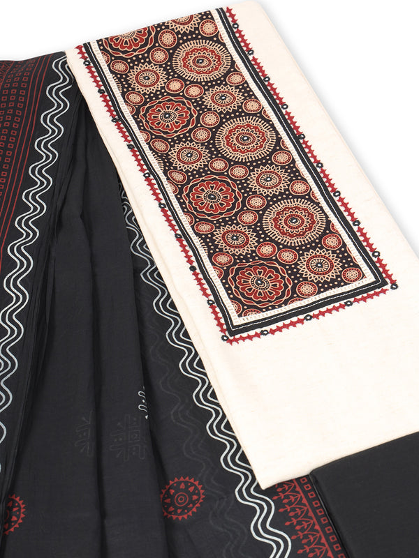 Unstitched suit set with traditional ajrak block printed yoke with contrast colour dupatta.