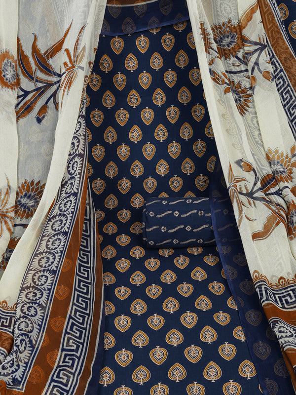 Blue Unstitched printed suits set with coordinated with printed dupatta.