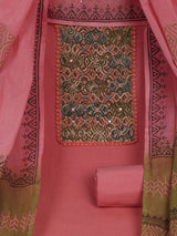 Pink Unstitched suit set with kalamakari yoke paired with double dyed dupatta.