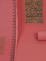 Pink Unstitched suit set with kalamakari yoke paired with double dyed dupatta.