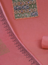 Pink Unstitched suit set with kalamakari yoke paired with double dyed dupatta.