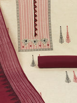 Maroon block printed cotton suit set with appliqué embroidery and contrast placket detail.