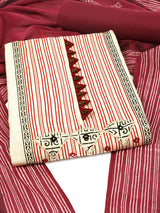 Maroon block printed cotton suit set with appliqué embroidery and contrast placket detail.