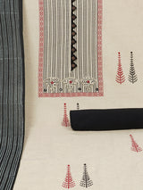 Black block printed cotton suit set with appliqué embroidery and contrast placket detail.