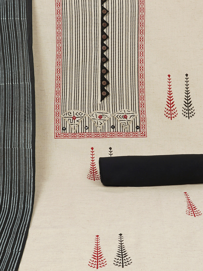 Black block printed cotton suit set with appliqué embroidery and contrast placket detail.