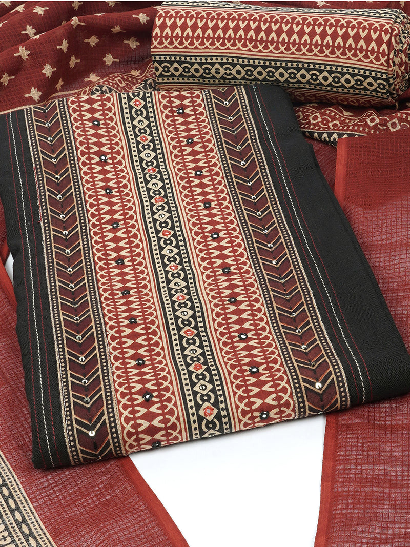 Unstitched marron cotton suit set paired with contrast kota printed dupatta and striped bottom.