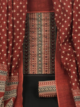 Unstitched marron cotton suit set paired with contrast kota printed dupatta and striped bottom.