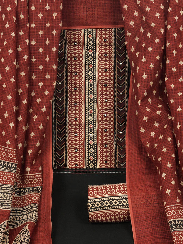 Unstitched marron cotton suit set paired with contrast kota printed dupatta and striped bottom.