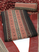 Unstitched marron cotton suit set paired with contrast kota printed dupatta and striped bottom.