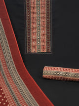 Unstitched marron cotton suit set paired with contrast kota printed dupatta and striped bottom.