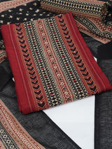 Unstitched black cotton suit set paired with contrast kota printed dupatta and striped bottom.