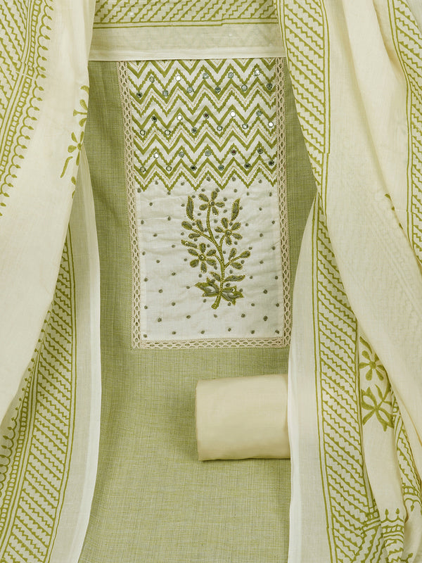 Green Unstitched suit set featuring intricate khat work, and lace embellishments.