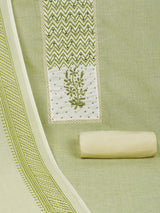 Green Unstitched suit set featuring intricate khat work, and lace embellishments.