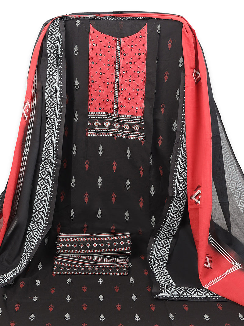 Unstitched printed suit set featuring a contrast Schiffli embroidered yoke and printed dupatta.