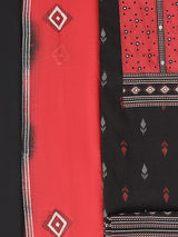 Unstitched printed suit set featuring a contrast Schiffli embroidered yoke and printed dupatta.