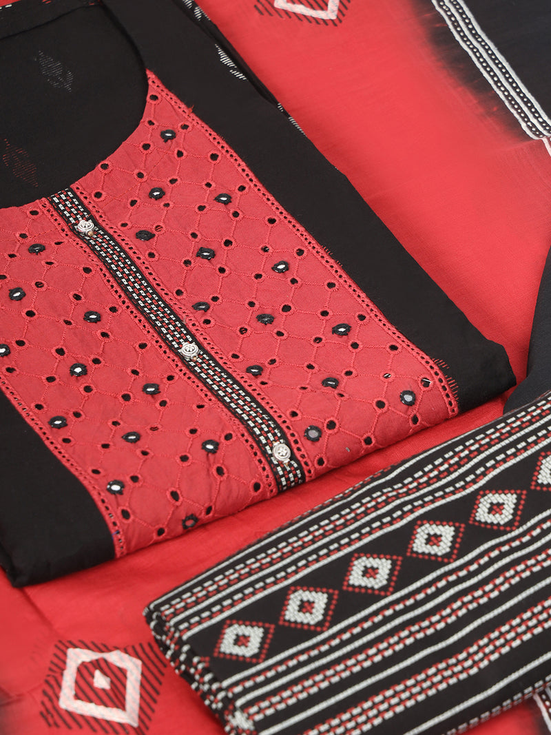 Unstitched printed suit set featuring a contrast Schiffli embroidered yoke and printed dupatta.