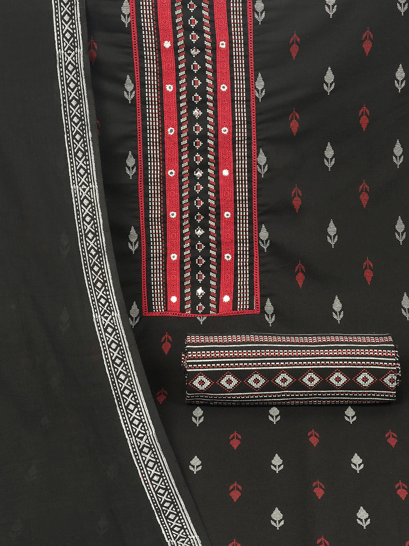 Black unstitched suit set with a block-printed dupatta and mix-match yoke.