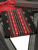 Black unstitched suit set with a block-printed dupatta and mix-match yoke.