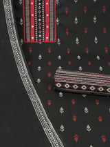 Black unstitched suit set with a block-printed dupatta and mix-match yoke.