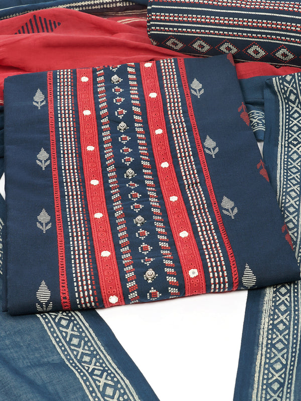 Blue unstitched suit set with a block-printed dupatta and mix-match yoke.