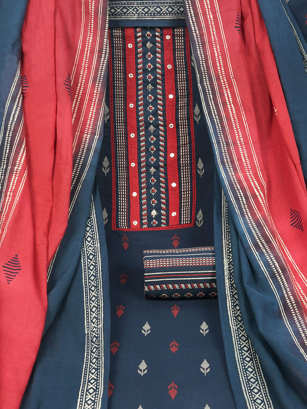 Blue unstitched suit set with a block-printed dupatta and mix-match yoke.