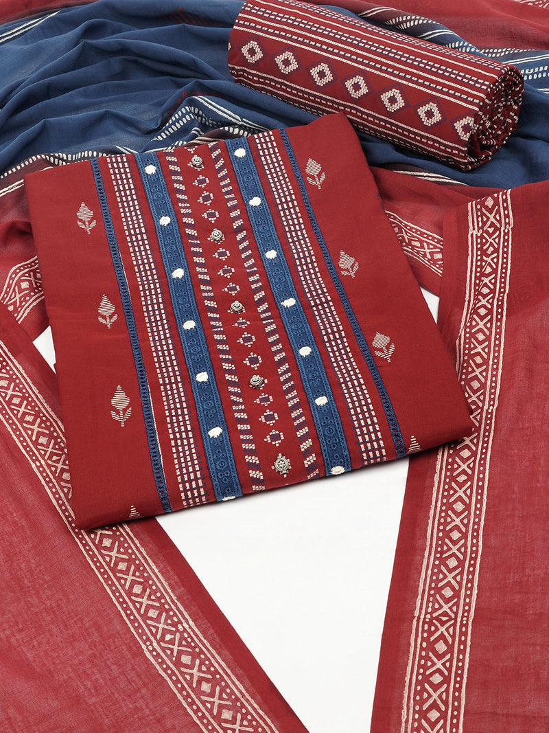 Maroon unstitched suit set with a block-printed dupatta and mix-match yoke.