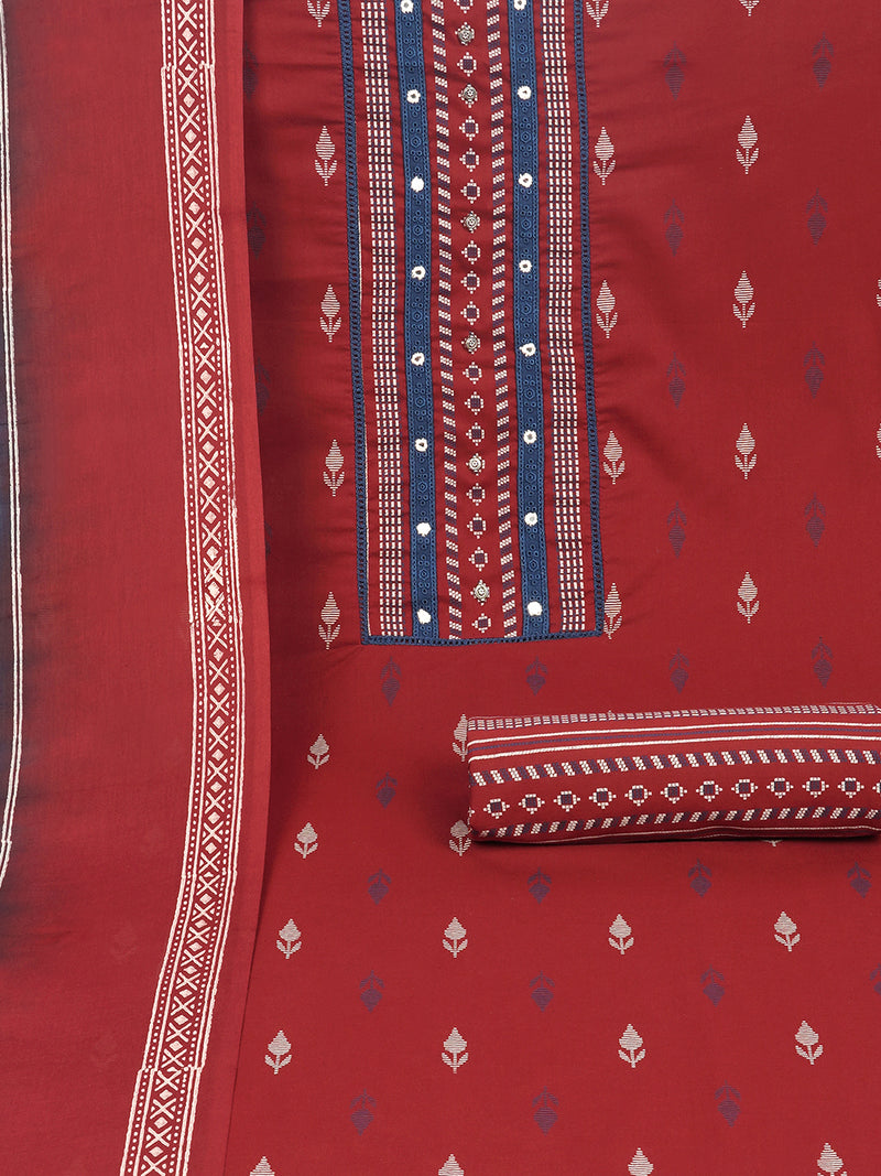 Maroon unstitched suit set with a block-printed dupatta and mix-match yoke.