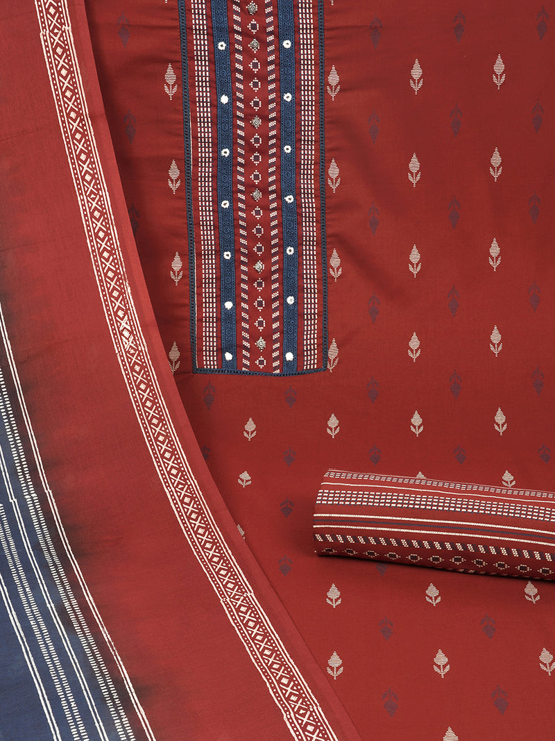 Maroon unstitched suit set with a block-printed dupatta and mix-match yoke.