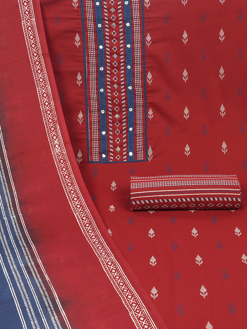 Maroon unstitched suit set with a block-printed dupatta and mix-match yoke.