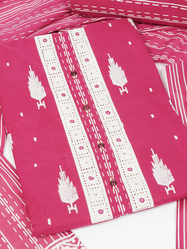 Unstitched Pink screen printed suit set with printed bottom and printed dupatta.