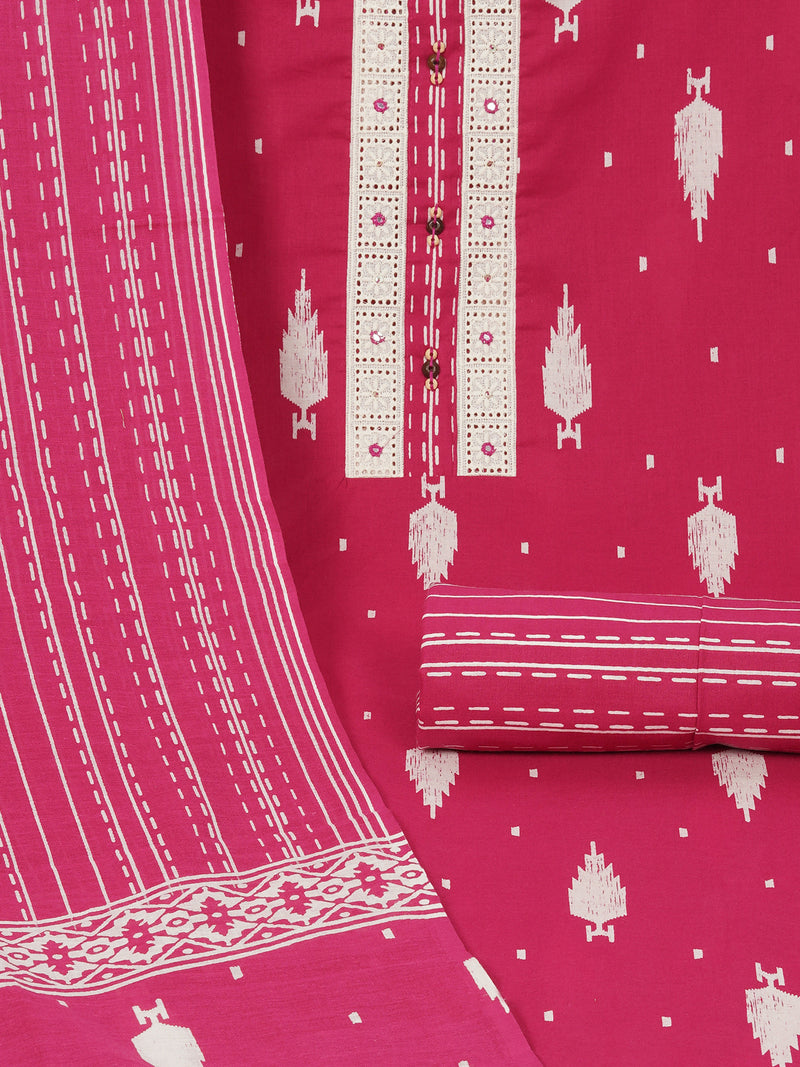 Unstitched Pink screen printed suit set with printed bottom and printed dupatta.