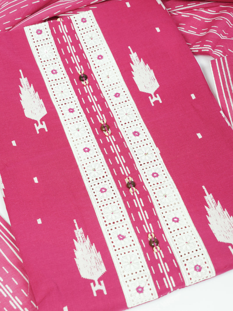 Unstitched Pink screen printed suit set with printed bottom and printed dupatta.