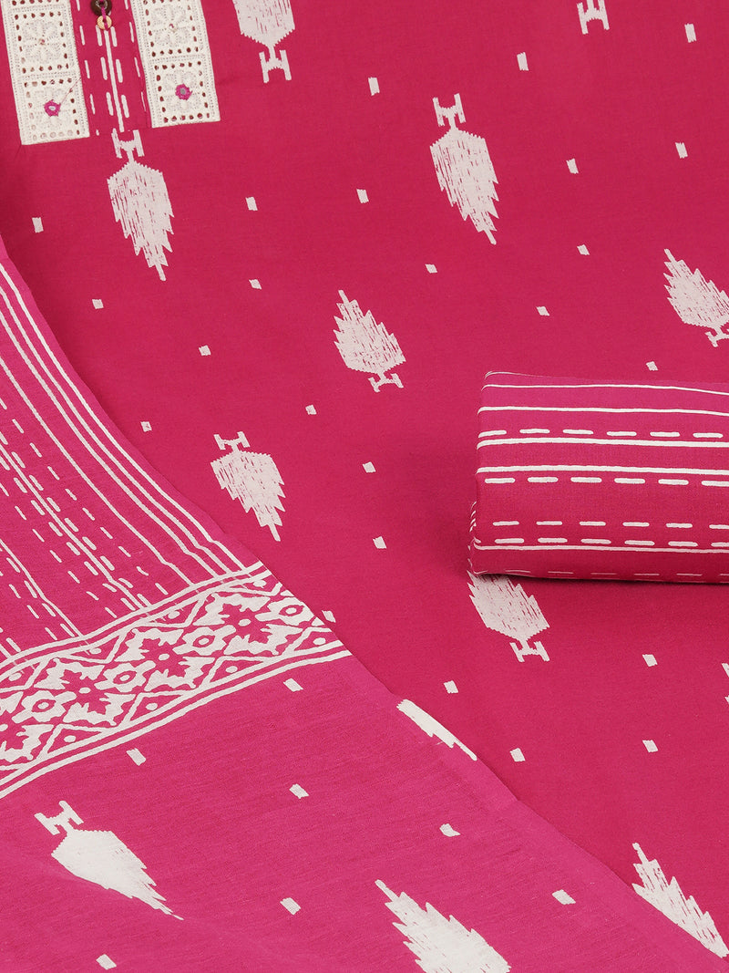 Unstitched Pink screen printed suit set with printed bottom and printed dupatta.