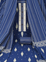 Unstitched Blue screen printed suit set with printed bottom and printed dupatta.