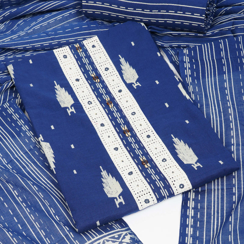 Unstitched Blue screen printed suit set with printed bottom and printed dupatta.