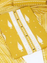 Unstitched Yellow screen printed suit set with printed bottom and printed dupatta.