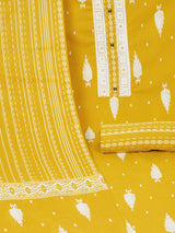 Unstitched Yellow screen printed suit set with printed bottom and printed dupatta.