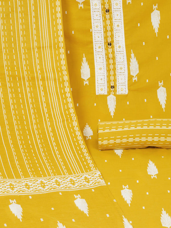 Unstitched Yellow screen printed suit set with printed bottom and printed dupatta.