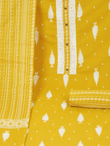 Unstitched Yellow screen printed suit set with printed bottom and printed dupatta.